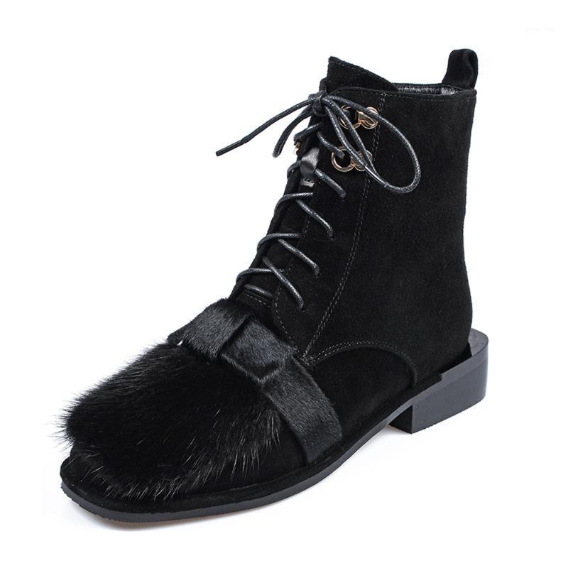 

Womens Square Toe Real Bowknot Ankle Boots Suede Leather Low Heel Shoes Warm Winter Thick Lace Up Black New 20211