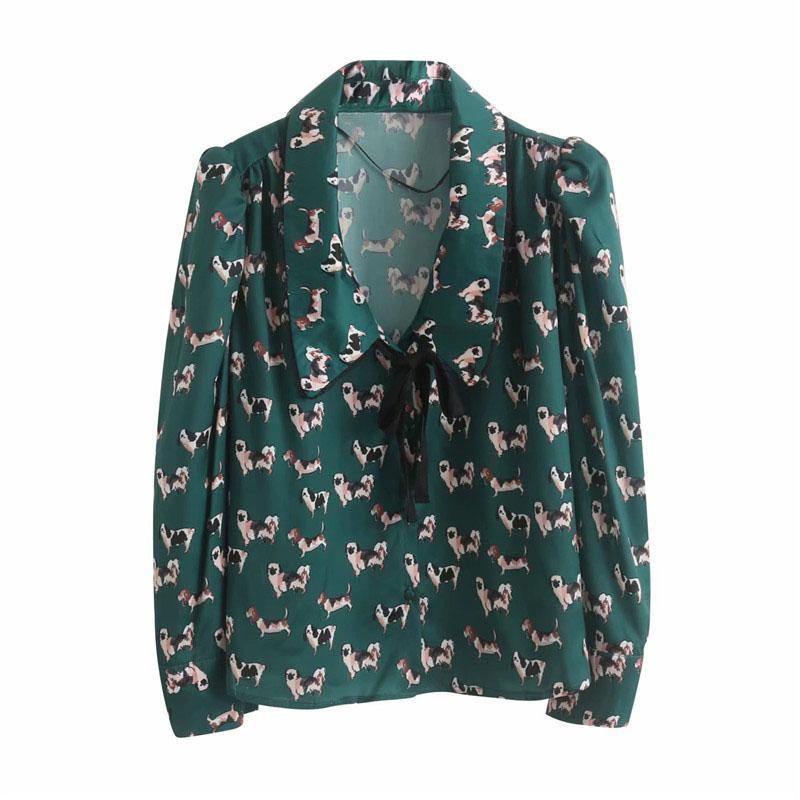 

2020 Autumn Women Cute Animal Print Blouses Bow Tie Lapel Long Sleeve Green Shirts Female Preppy Style Sweet Tops Blusas
