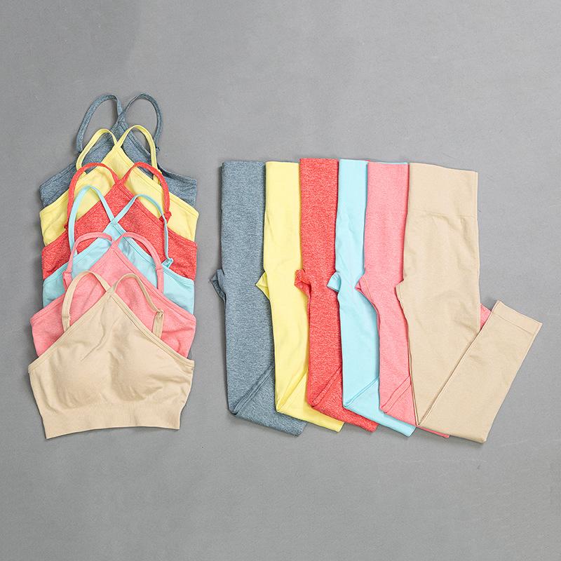 

2PCS Seamless Yoga Suit set Women Gym Fitness Clothing High Waist Leggings Bra Yoga Set Training Sport Halter Sportswear, Pink