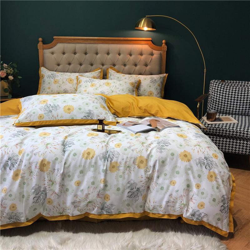 

Luxury 100% Egyptian cotton bedsheet yellow daisy flower duvet cover bed linen flat sheets queen king size hometexitle, As pic