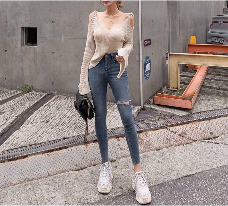 

2020 new leisure fashion large button flight women's jeans high waist jeans pants women's high elastic tights hole elastic pants, Denim blue