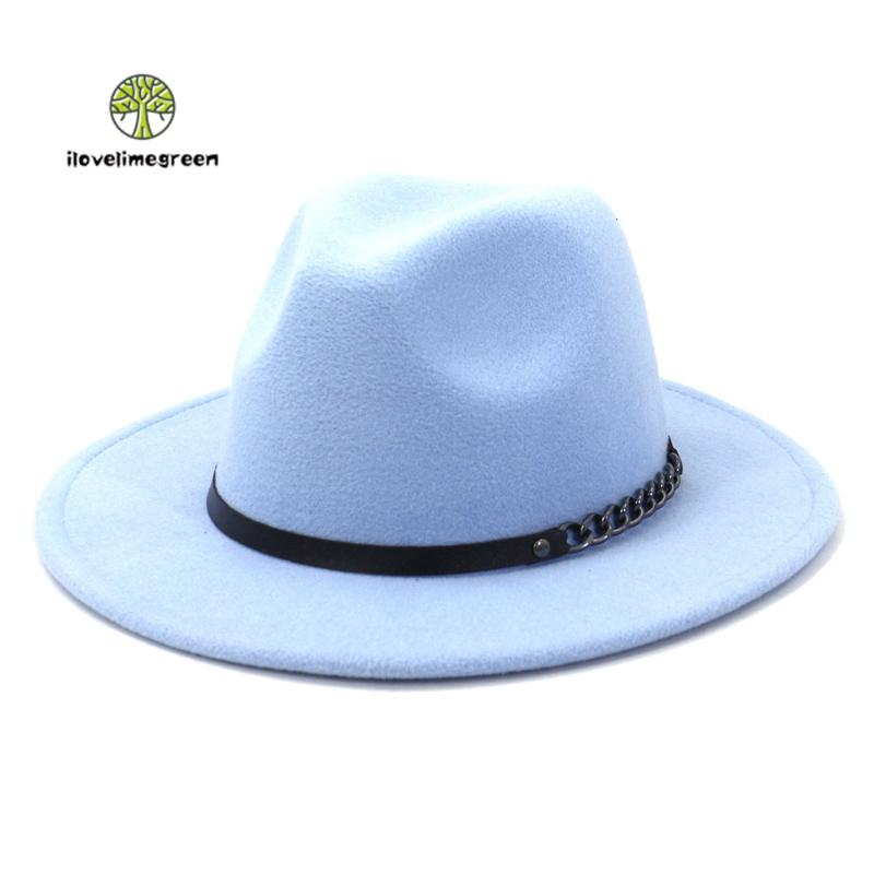 

New Fashion Solid Women Men Adult Cotton Jazz Panama Fedora Hat with Wide Brim Leather Belt Hat and Caps, White