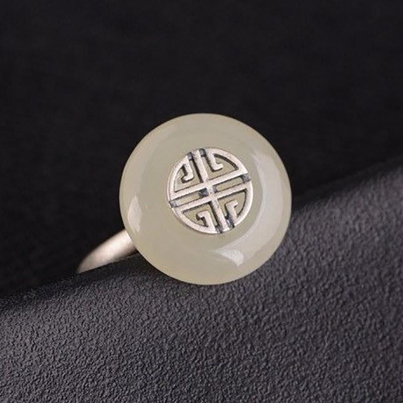 

New Silver Original Chinese Style Vintage Craft Inlay Natural Advanced Hetian Jade Open Adjustable Ring