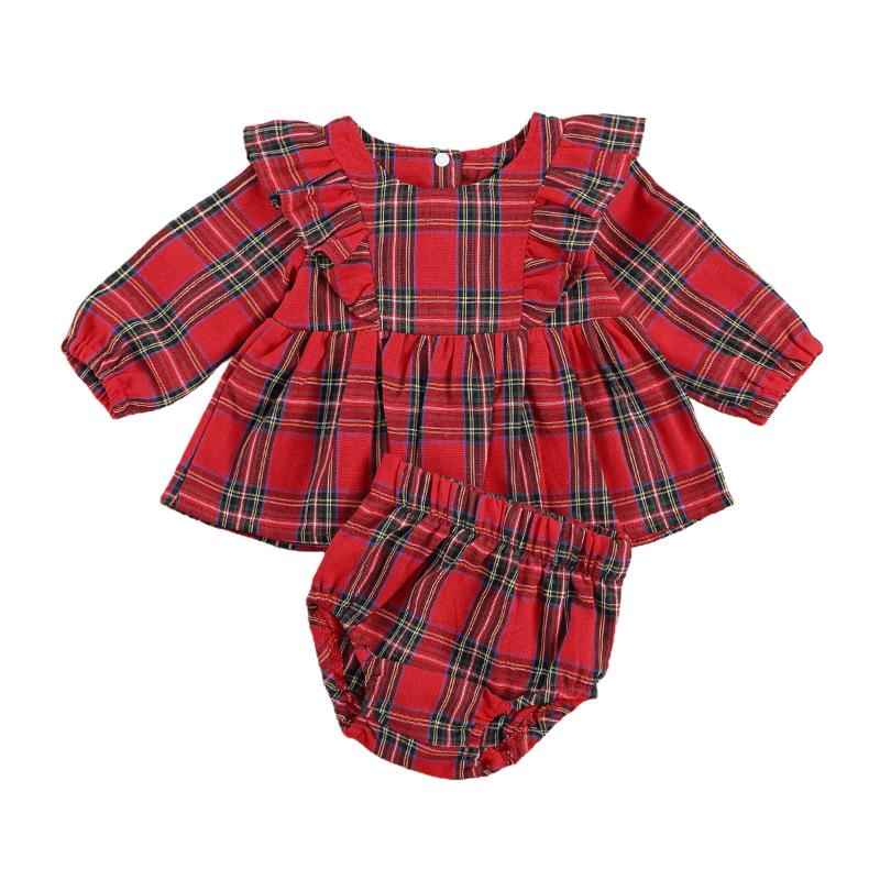 

FOCUSNORM Christmas Newborn Girls Boys Clothes Sets Plaid Print Ruffles Long Sleeve Dress Tops+Trousers Shorts 0-24M, As pic