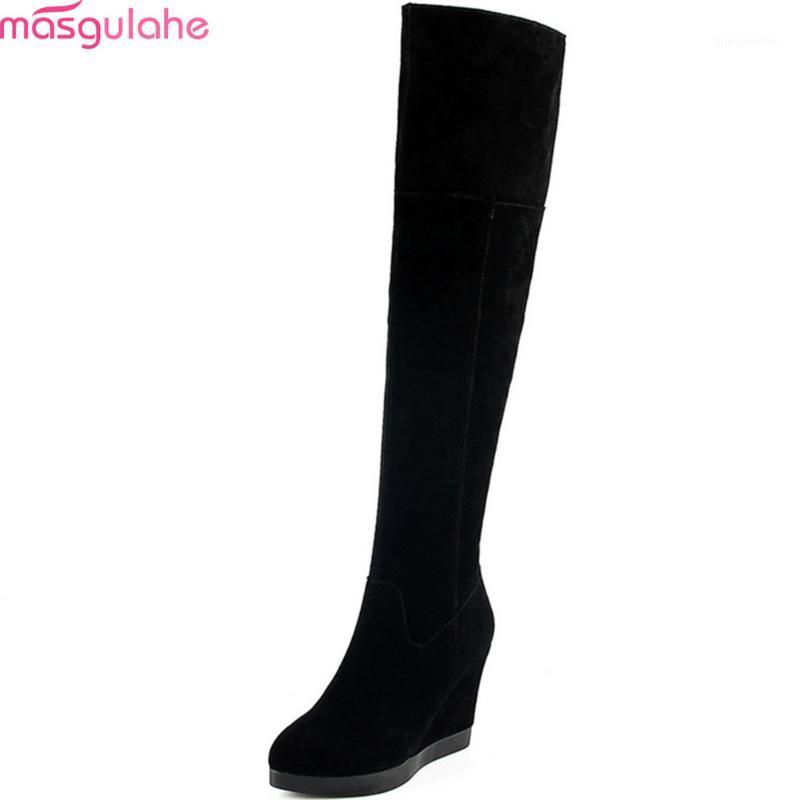 

Masgulahe 2020 fashion new arrivewomen boots cow suede ladies boots zipper wedges leather platform over the knee black1, Black