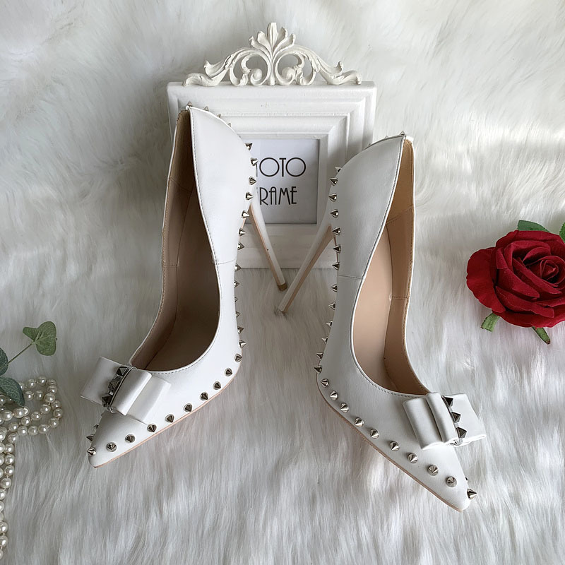 

Sexy Fret Free Lady Fashionable White Leather Shoes Matted Bow Studded Spiked Toe Designer Pumps Six Inches My9u, 43