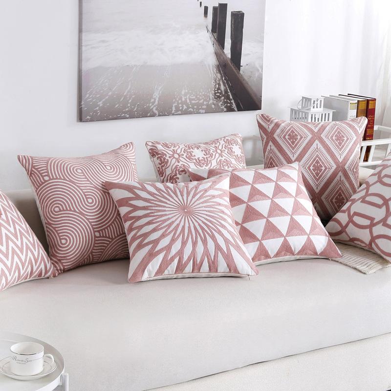 

Home Decor Emboridered Cushion Cover pink Geometric Canvas Pillow Case Cotton Suqare Embroidery Pillow Cover 45x45cm