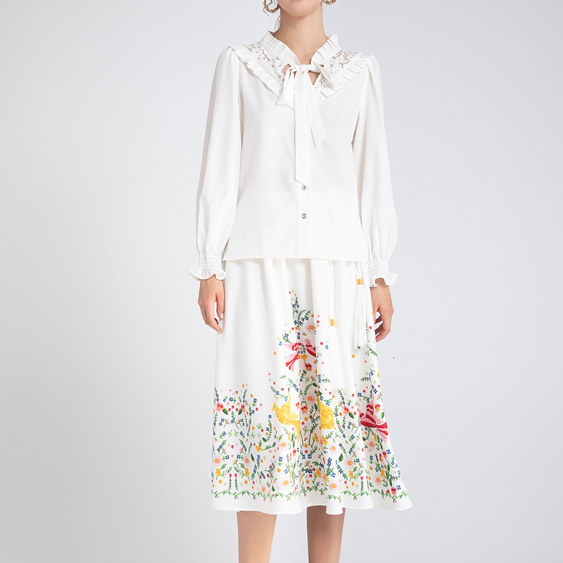 

New Fall Style Bow Printing Sexy Seam Long Sleeve Lace Elastic Shirt Half Skirt Women Two-piece Suit Shcj, Multiple