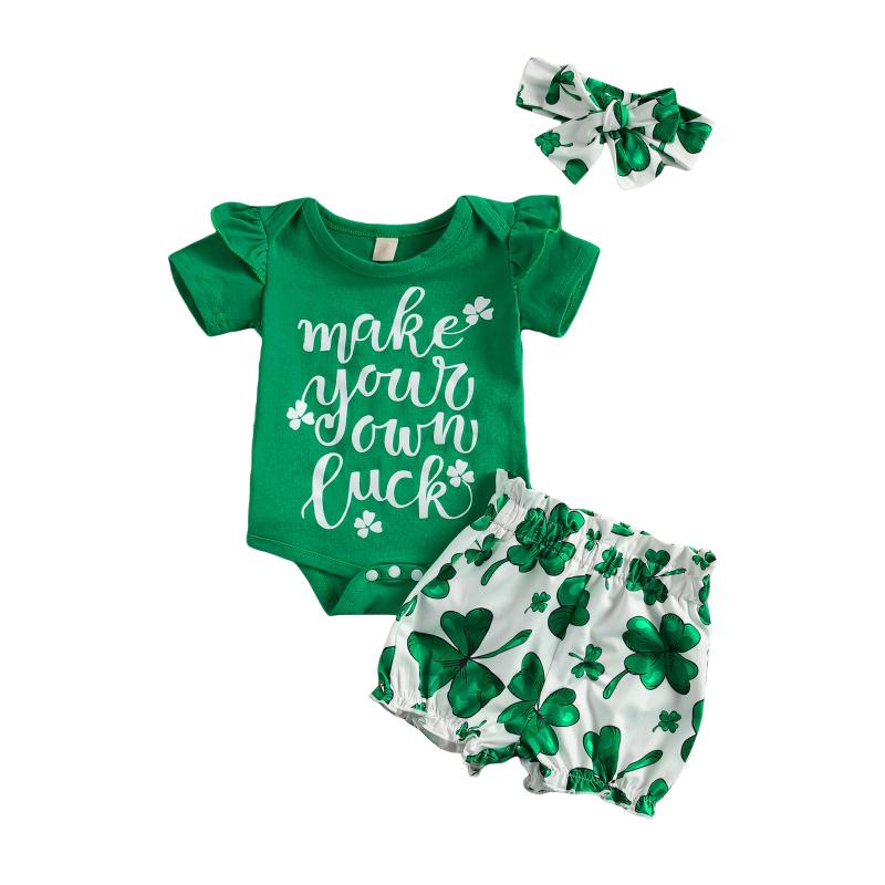 

Lucky Baby Girls Clover Print Clothes Set Short Sleeve Romper with Ruffle + Short Pants + Bow-knot Headband 3Pcs Outfit, As pic