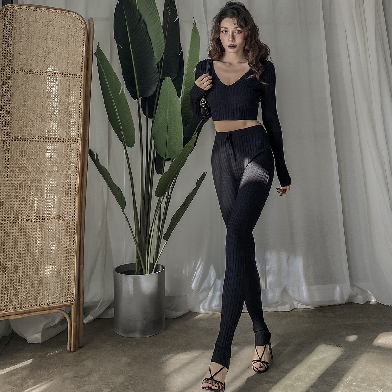 

2021 Autumn Tight Clothes Thin 3 Colours Suit Knitting Two Girls'ensemble Long v Neck Harvest Upper Elastic Trousers High Loungewear JIP9, Gray.