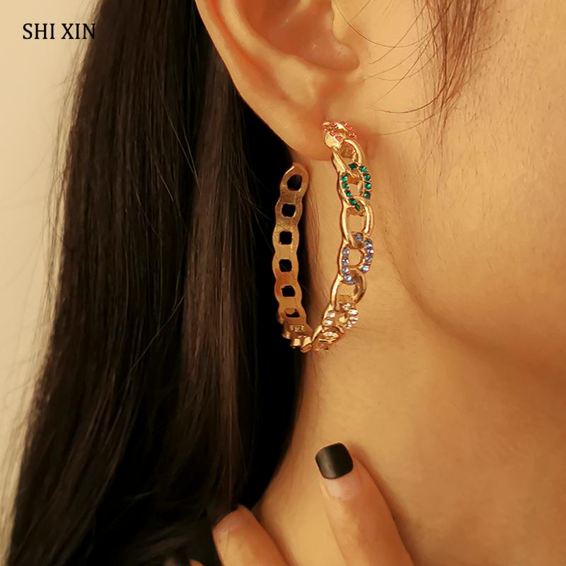 

Hoop & Huggie SHIXIN C Shape Colorful Rhinestone Earrings For Women Fashion Open Circle 2021 Jewelry Crystal Earring Trendy Gift