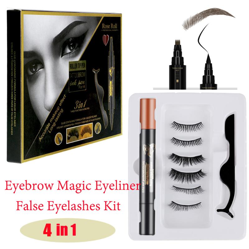 

3Pairs Magic False Eyelashes 4 In 1 Self-adhesive Eyeliner Mascara Eyelash Curler Set No Glue Magnet Eyelash with Eyebrow Tattoo