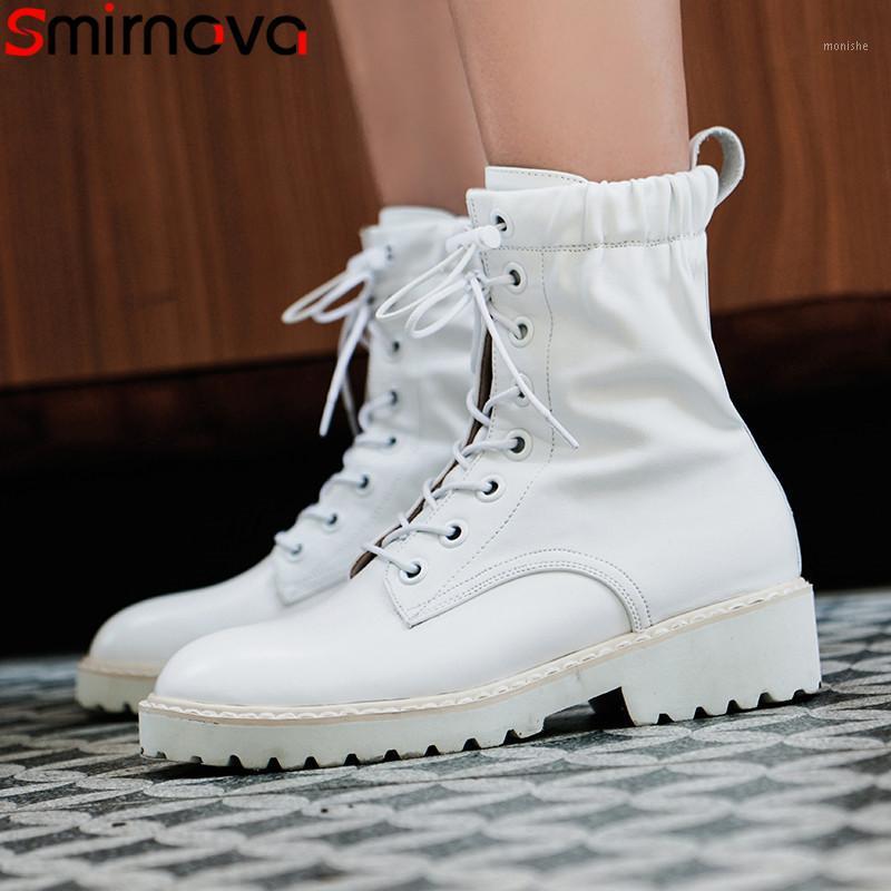 

Smirnova big size 34-42 new genuine leather boots women round toe lace up autumn winter boots black women ankle 20201, White