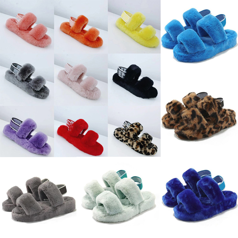 

New fuzz wedges oh fluff yeah slides slippers fur sandale with fluffy furry women slippers shoes elastic tie slippers platform pantouf 7eGa#