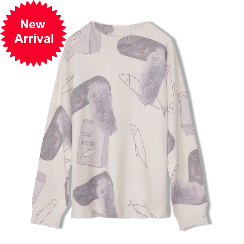 

Female shirt lazy cartoon fish oversized the neck knitted sweater long normcore casual clothing top C-307, White