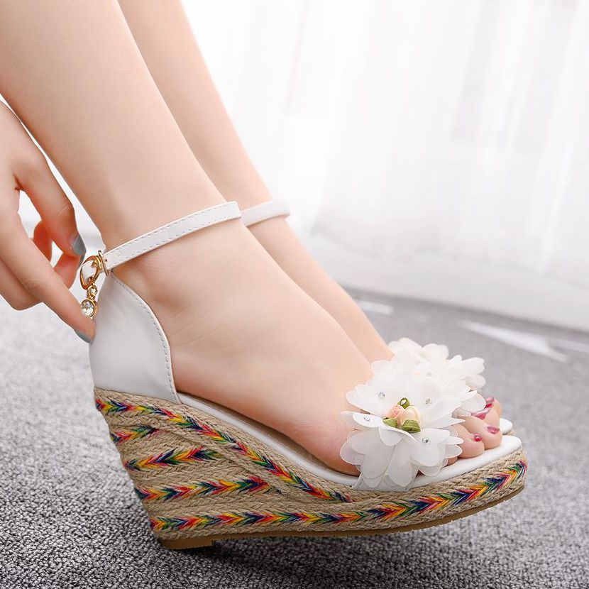 

ladies Summer 9cm a word with flower wedge high heels big-size white sandals woman shoes a0007 2M97, Women summer sandals.