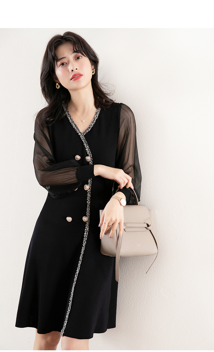 

2021 New Translucent lantern sleeves fashion temperament small fragrance knit women's spring V-neck slim waist dress 2CPU, Black