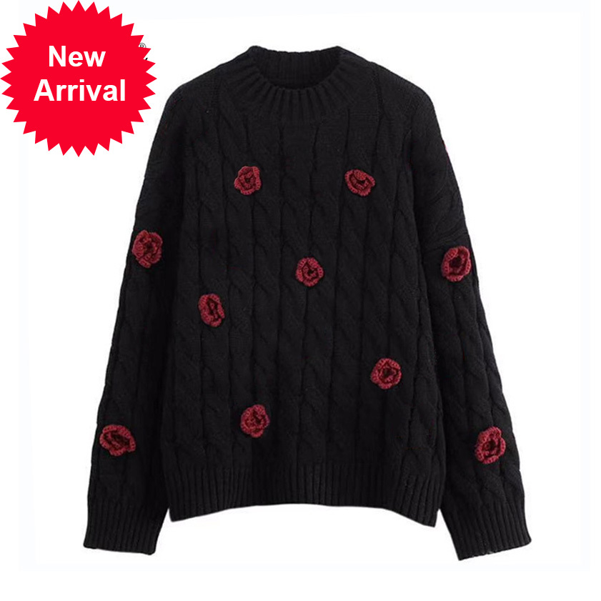 

Korean floral style crew neck casual female mesh oversized all-match hot thick sweater torsion top C-218, Burgundy