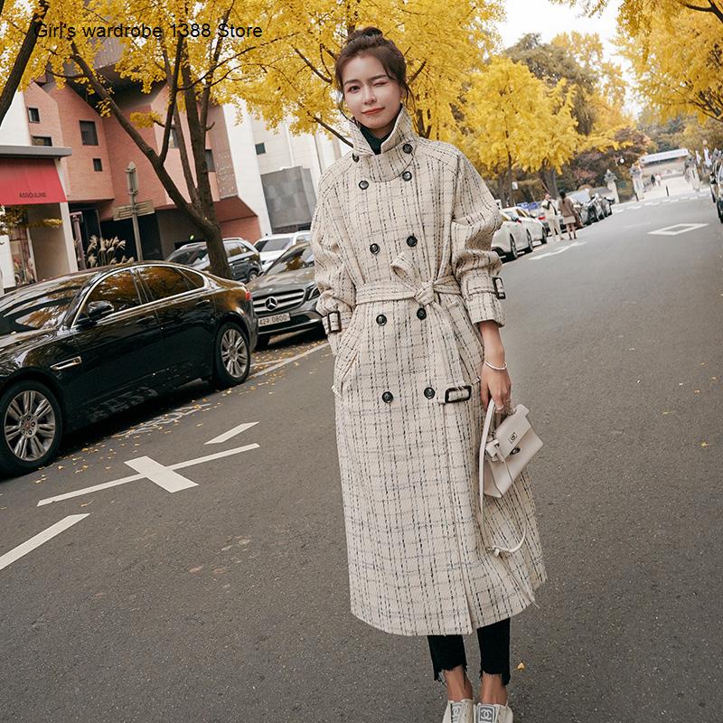 

Small woolen coat women' middle long style fall winter new loose fashion Plaid over knee woolen overcoat thick, Beige