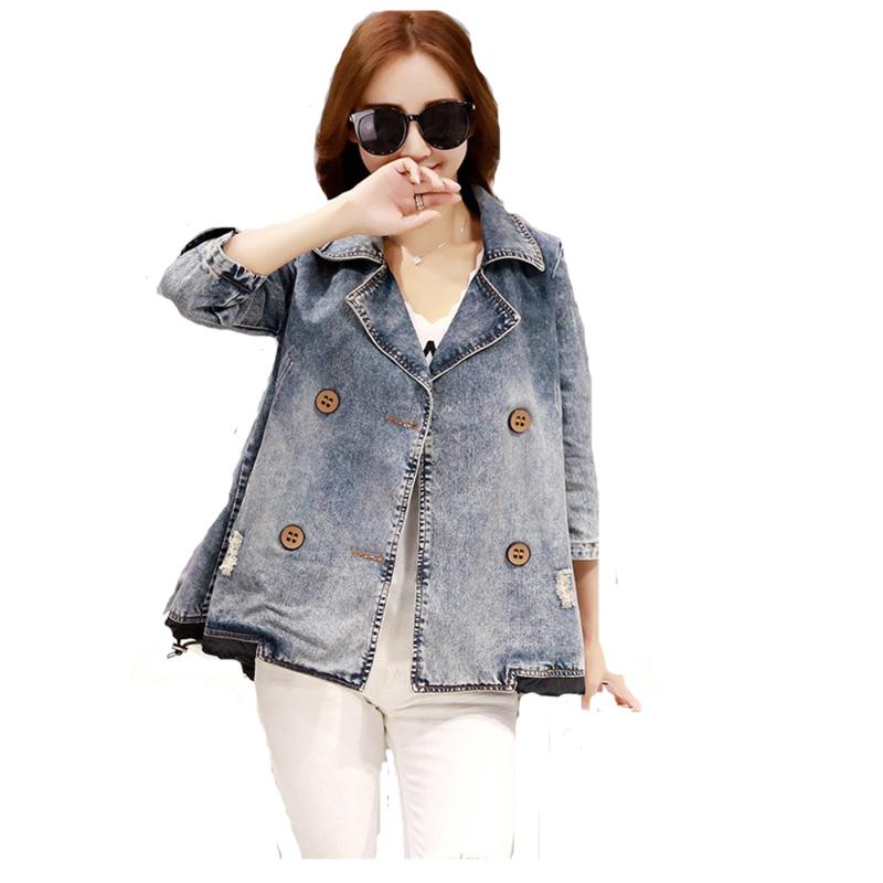 

Autumn New Ripped Denim Cape Jacket Plus Size 3XL Women Outwear 3/4 Sleeve Double Breasted Jeans Dress Coat FS0160, As the picture