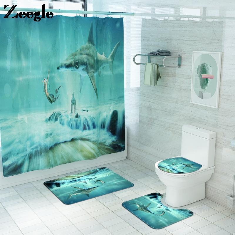 

4PCS Bath Mat and Shower Curtain Set Waterproof Bathroom Foot Mat Microfiber Anti-slip Bath Carpet Toilet Absorbent