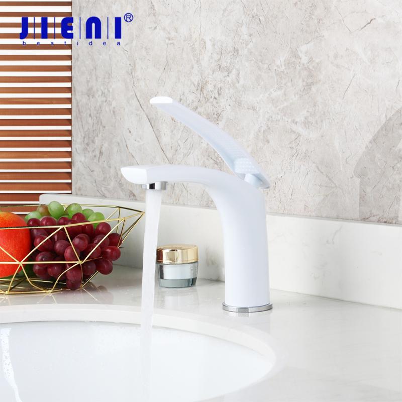 

JIENI Polished White Bathroom Faucet Water Mixer Tap Single Handle Bathroom Basin Sink Mixer Tap Stream Spout Basin