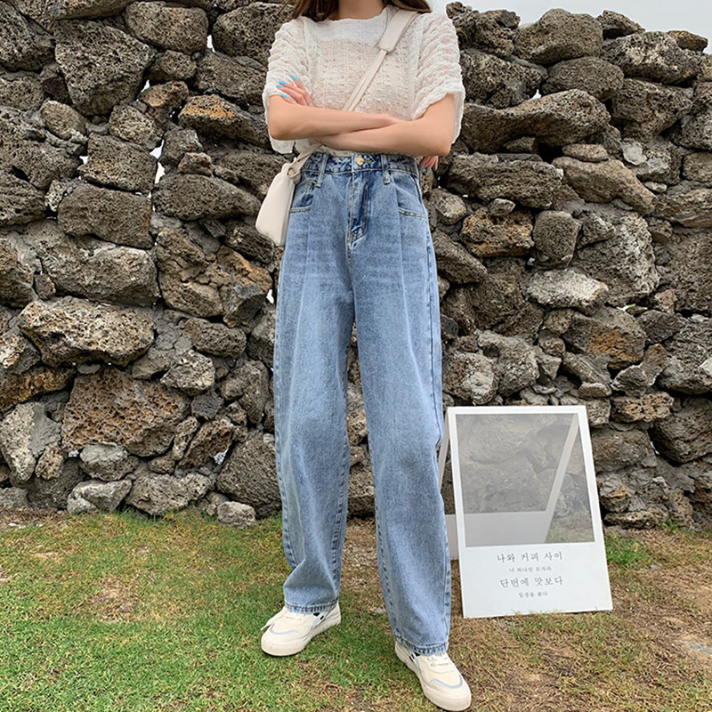 

2021 New Korean chic style women thin blue denim roll up high-waisted brim for women's straight pants (sy8603) RQSW, Sky blue