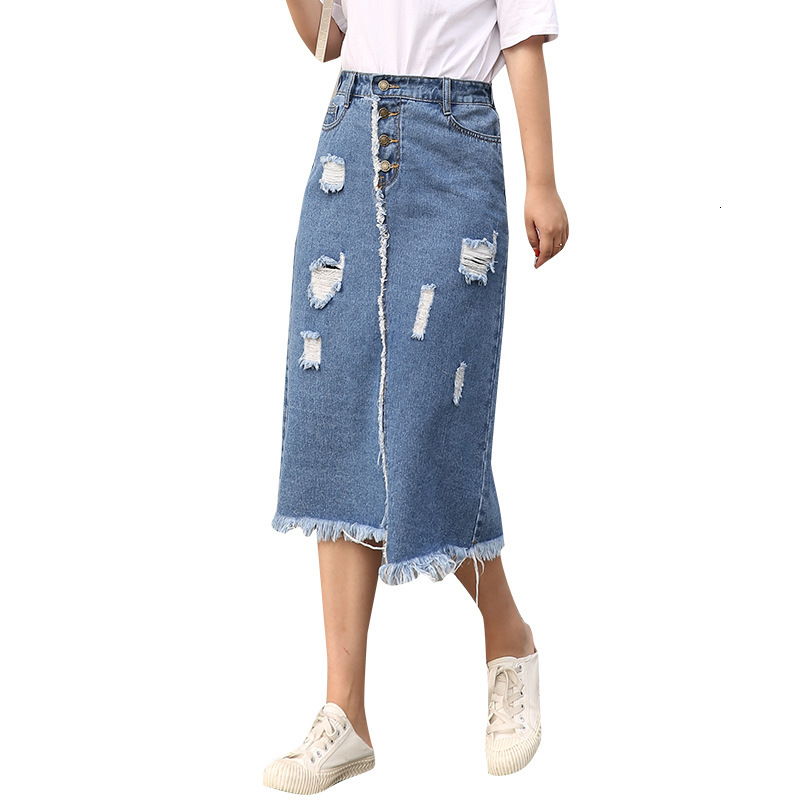 

2021 New Oversized Female Korean Elastic Waist Front Breasted Women Irregular Hole Denim Skirt Plus Size -8xl Y457 Kx8s, Blue
