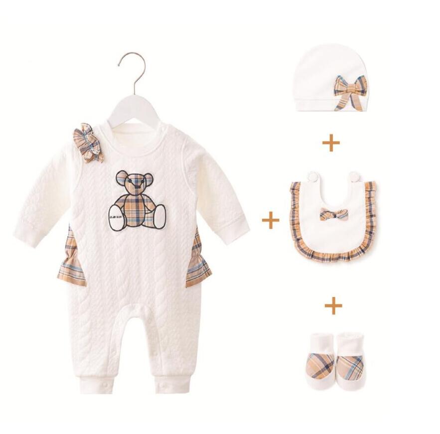 

4Pcs Sets Newborn Baby Girls Plaid Rompers+Hats+Bibs+Shoes Spring Autumn Long Sleeve Onesies Cotton Toddler Jumpsuits Infant Clothes 0-12 Months, Only one piece jumpsuits