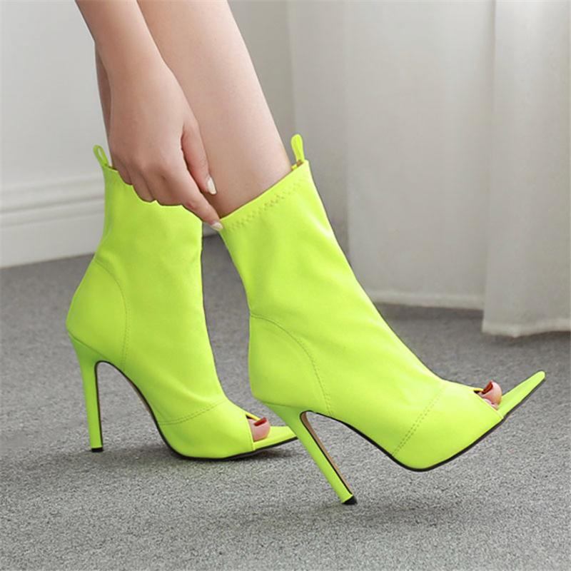 

2021 Fluorescent color Women Peep Toe Stretch Cloth Ankle Boots High Heels Silk Shoes Woman Autumn Party Sexy Female Socks Boots, Black