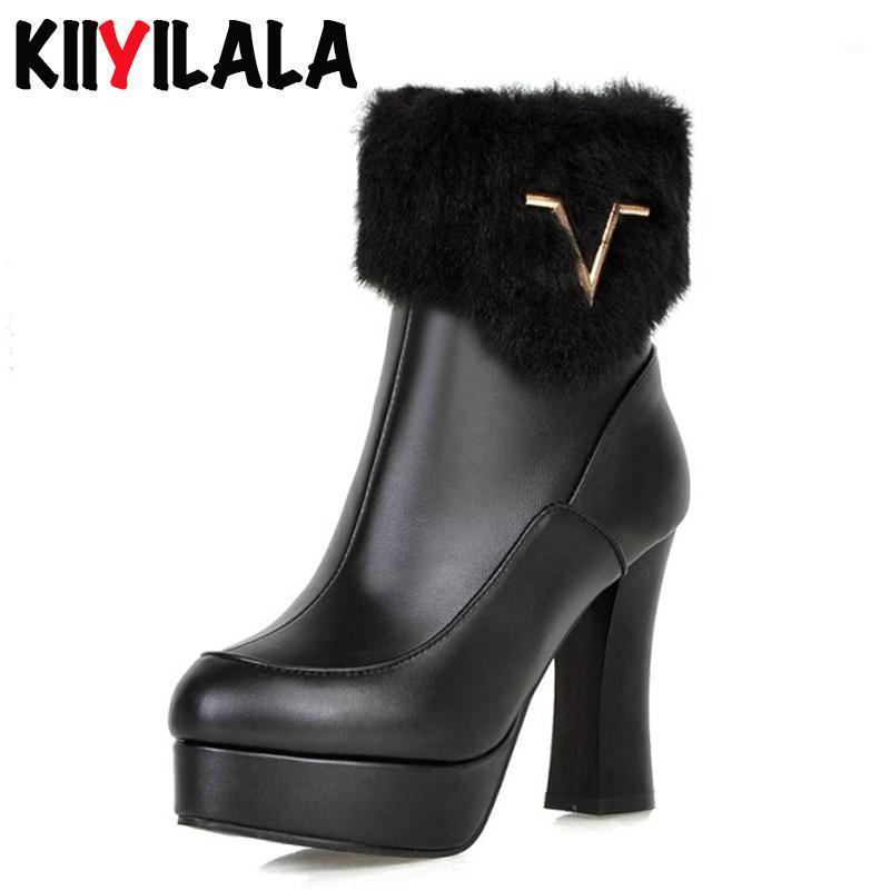 

Kiiyilala Fur Slip-on Snow Boots Women Chunky Heel 10.5 cm Platform Shoes Round Toe Metal Decoration Woman Ankle Boots Big Size1, White