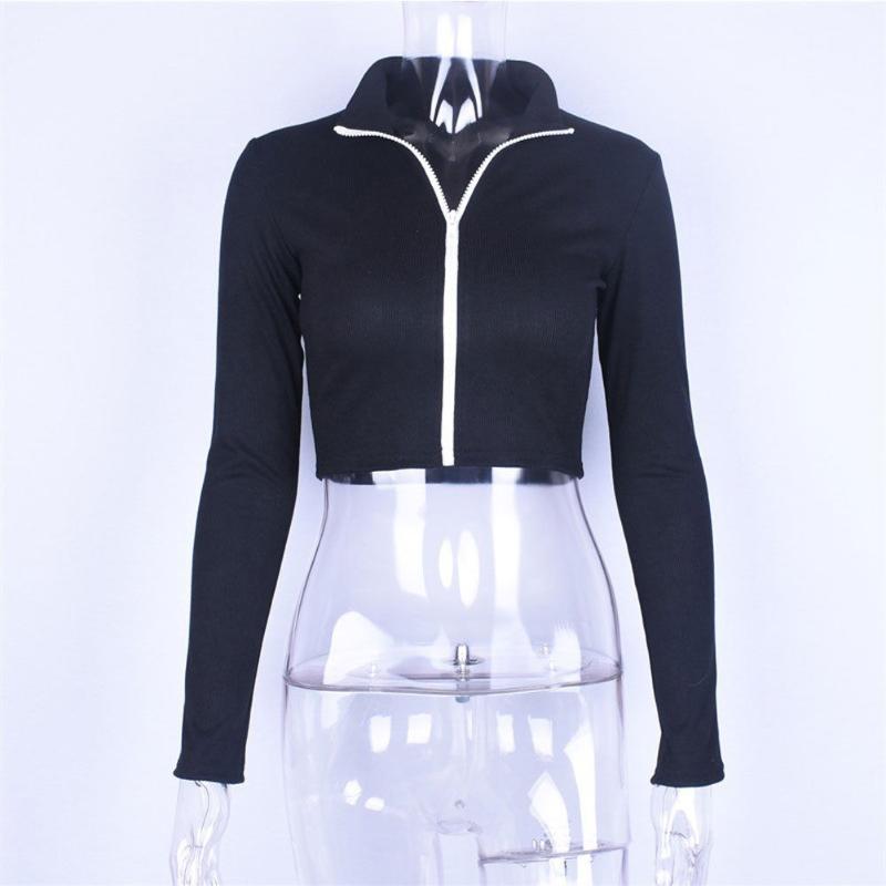 

New Womens Crop Basic Long Sleeve Shirt Ladies Jacket Top Solid Jackets Autumn Slim Umbilical Zipper Tops Women Clothing, Black