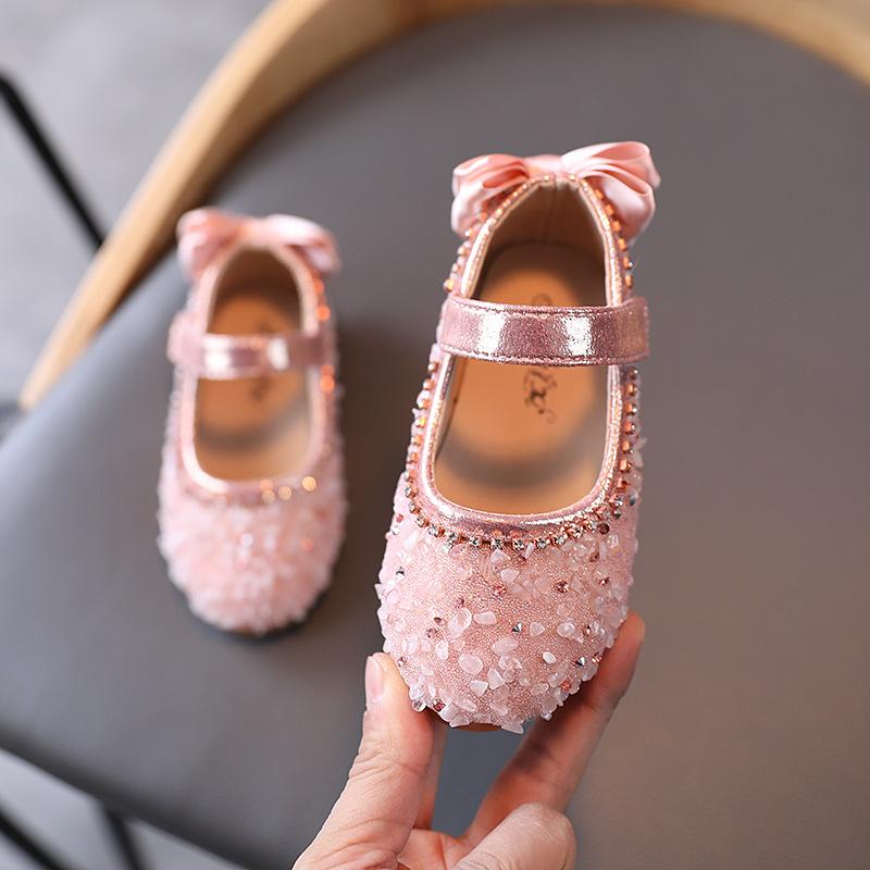 

1-12 Years 2021 Little Girl'S Spring Baby Shoes Princess Fashion Rhinestone Bow Dress For Children Kids Party Dance Leather Shoe, Pink