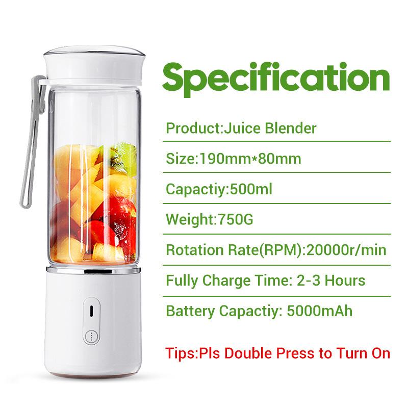 

500Ml Portable Juicer,Electric Fruit Juicer Glass Smoothie Maker USB Rechargeable Blenders Mixer for Home Travel