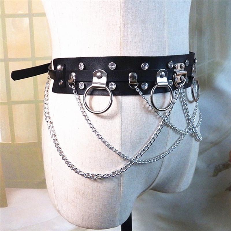 

Belts Handmade Leather Waist Belt Harness Punk Circle Chain Metal Link, As pic