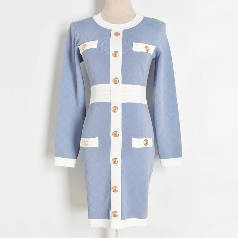 

2021 New Autumn Dressed in Women' Mesh Elegant Vintage Round Collar Waist High Light Blue Contrast Pocket Midi Dress 6EKA, Short sleeves.