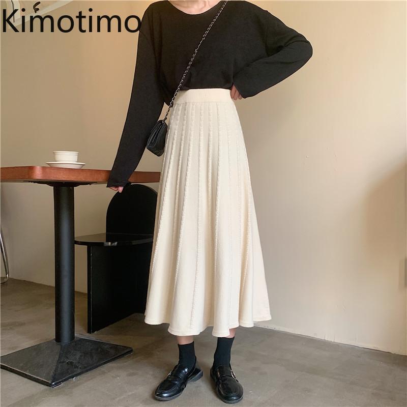 

Kimotimo Pleated Midi Skirt Preppy Style High Waist Solid Elegant Office Lady Casual Vintage Fashion Autumn Knitted Women Skirt, Black