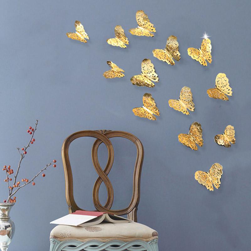 

36 Pcs 3D Hollow butterfly wall sticker Gold Paint paper sticking butterfly stickers home wall decoration Cut Out design
