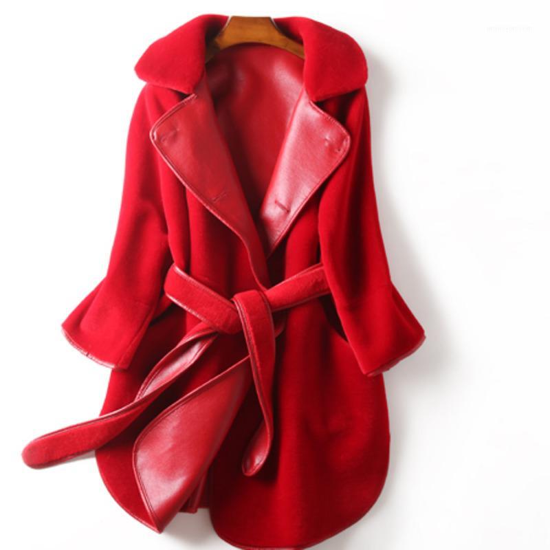 

2019 New Double Sides Natural Fur Coats Shearling Jacket Real Fur Sheepskin Coat Winter Warm Thick Long Woolen Overcoat JM0901, Red