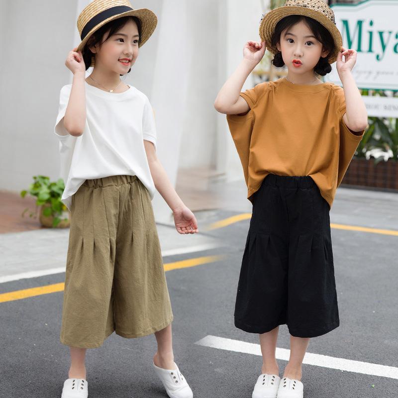 

New Summer Girls Clothing Set Children Cotton Bat Sleeve T-shirts and Wide Leg Pants Teenage Girls Ruffle Outfits 10 12 14 Years1, 01 set
