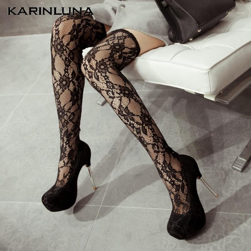 

New Fashionable Shoes Women Drop Shipping On Sale Sexy Party Ultra High Thin Heels Flock Sock over-the-knee Boots Big Size 421, Red