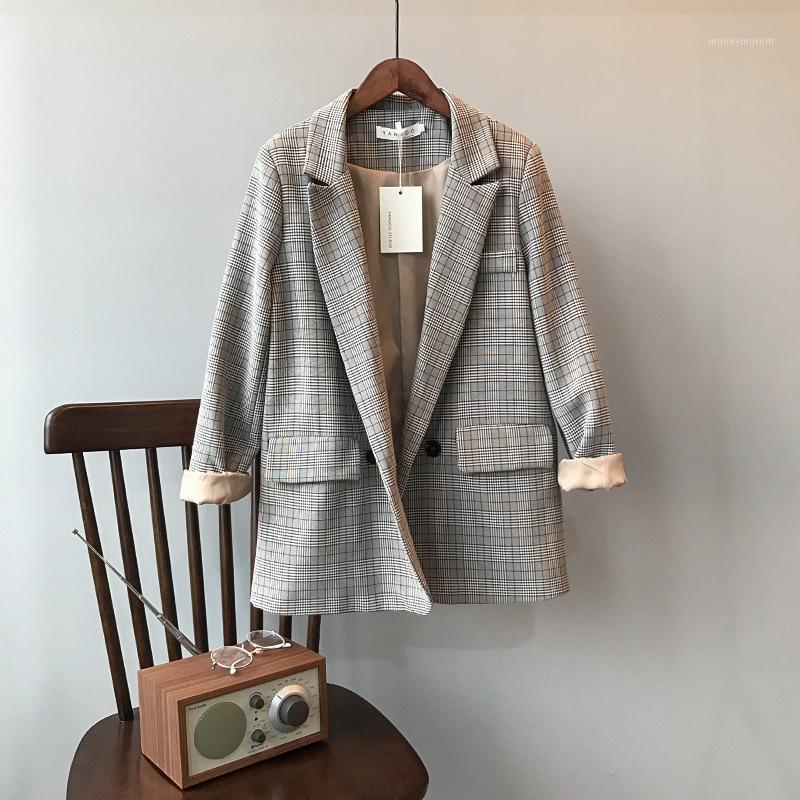 

Spring new Korean retro plaid suit women's jacket loose casual suit jacket light coffee color polyester fiber1, Light brown