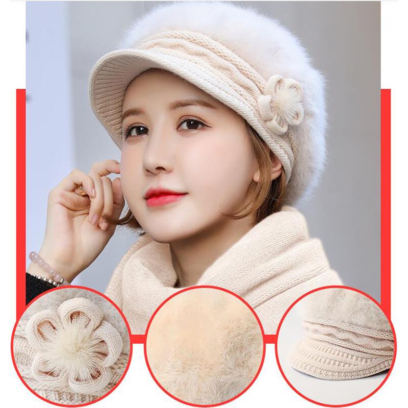 

Female Warm Fur Beret Girls Solid Bonnet Women Skullies Beanies Cold-proof Fur Hat Women Knitted Winter Hat, White