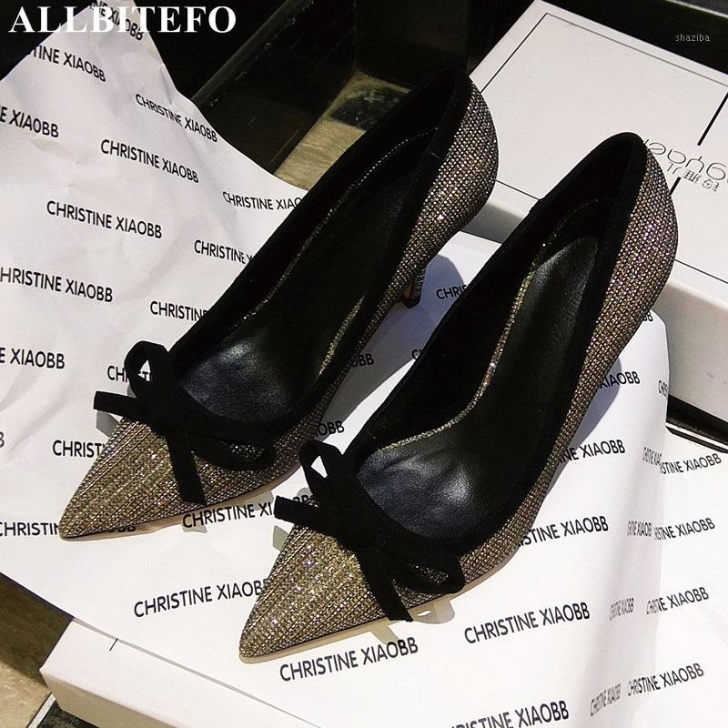 

ALLBITEFO Sequins cloth brand high heels wedding women shoes sweet bowtie women high heel shoes thin heel office ladies1, Heel height 5 cm
