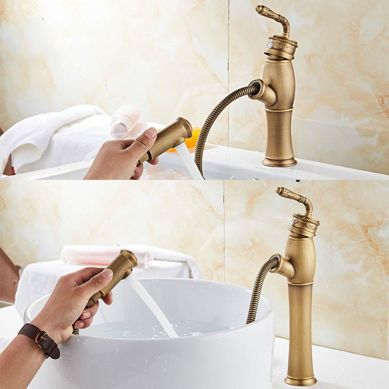 

Basin Faucets Bathroom Antique Brass Faucet Single Handle Vintage Deck Mounted Torneiras Hot And Cold Pull Out Sink Tap