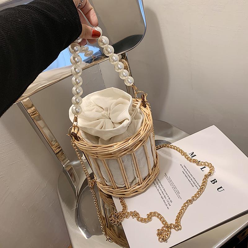 

Elegant Female Pearl Tote bag 2020 summer new high quality Straw Women's Designer Handbag Chain Shoulder Messenger Bag Banquet, Beige