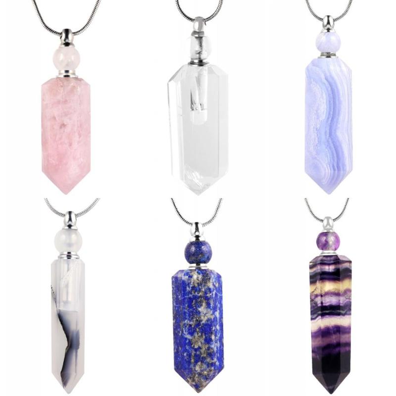 

TUMBEELLUWA Natural Crystal Hexagon Prism Perfume Bottle Pendant Necklace,Essential oils Necklace,Charming Sweater Chain Jewelry