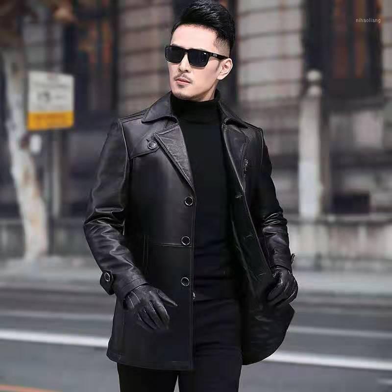 

single-breasted zhen long leather jackets in the men's leather jacket in the spring and autumn coat trench coat1, Black