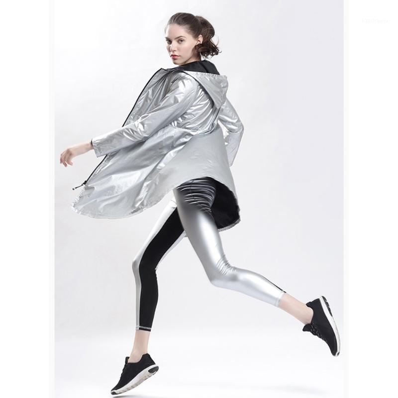 

Women Metallic Trench Coat Waterproof Lightweight with Hood, Trench Long Raincoat Outdoor Active Hiking Windbreaker Ultra Light1, Silver shinny