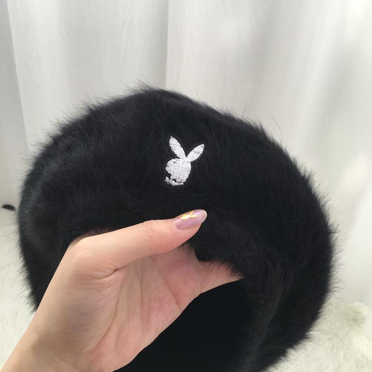 

Berets 2021 Fashion Hat Real Hair Korea Ins Autumn And Winter Head Embroidery Artist Beret Cute Girl Retro Fairy Cap, Black